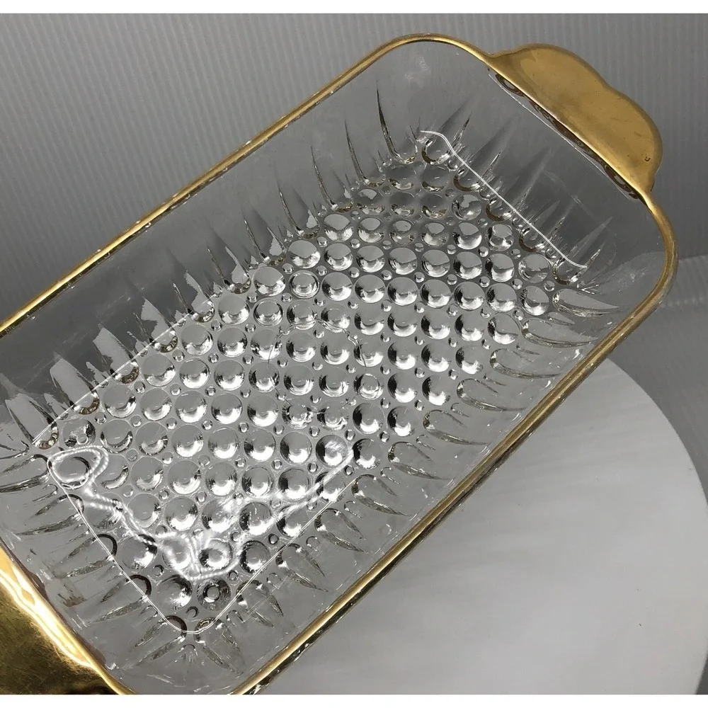 Vintage Glass Rectangular Cranberry Relish Tray‎ Butter Liner Dish Gold Trim
